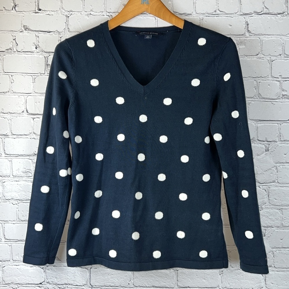 TOMMY HILFIGER Polka Dot Cotton V Neck Sweater Preppy Chic Size S